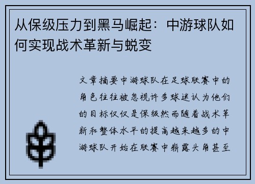 从保级压力到黑马崛起：中游球队如何实现战术革新与蜕变