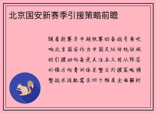 北京国安新赛季引援策略前瞻