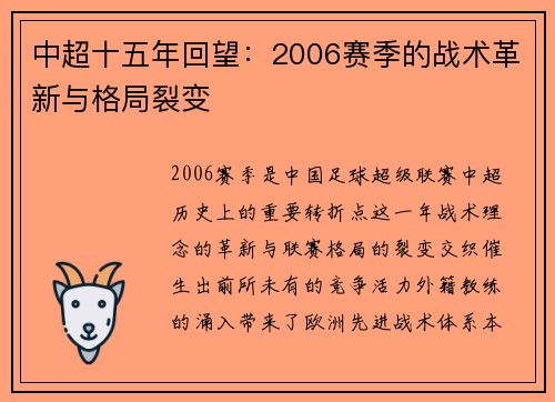 中超十五年回望：2006赛季的战术革新与格局裂变