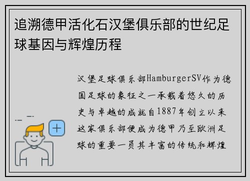 追溯德甲活化石汉堡俱乐部的世纪足球基因与辉煌历程