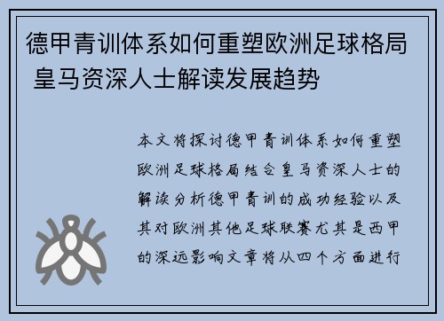 德甲青训体系如何重塑欧洲足球格局 皇马资深人士解读发展趋势